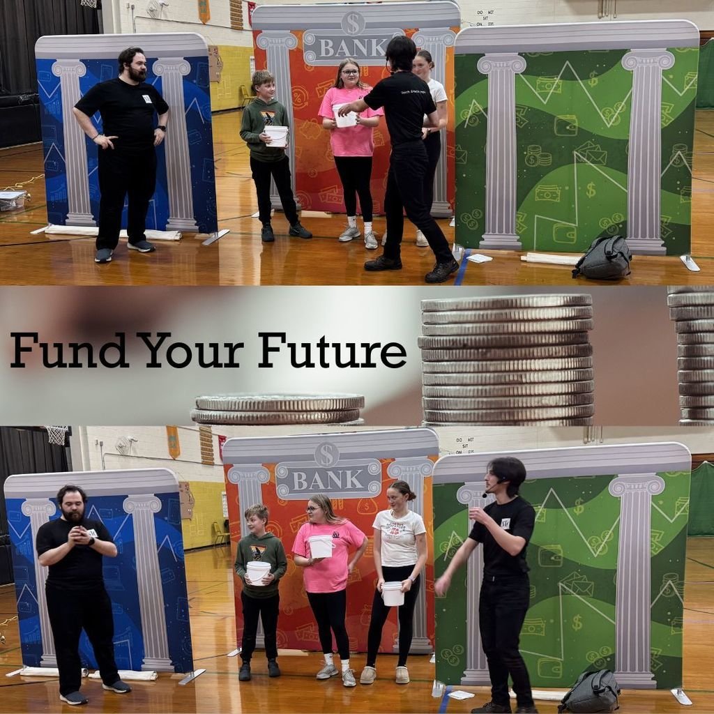 Students in grades 5–8 loved our 35‑minute "Fund Your Future" show!  Quick, funny sketches taught needs vs. wants, cash vs. credit, investing basics, and smart saving habits. Who knew financial literacy could be this fun? #FundYourFuture