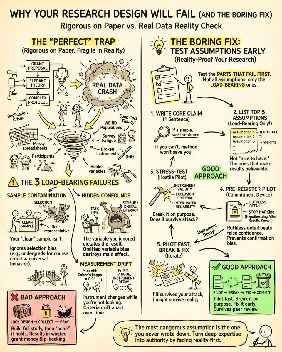 Your research design will fail.

Not because you’re careless.

Because real data is messy.
During my PhD failure 2 almost ruined a publication.

And your method only looks rigorous on paper.

The fix is boring: