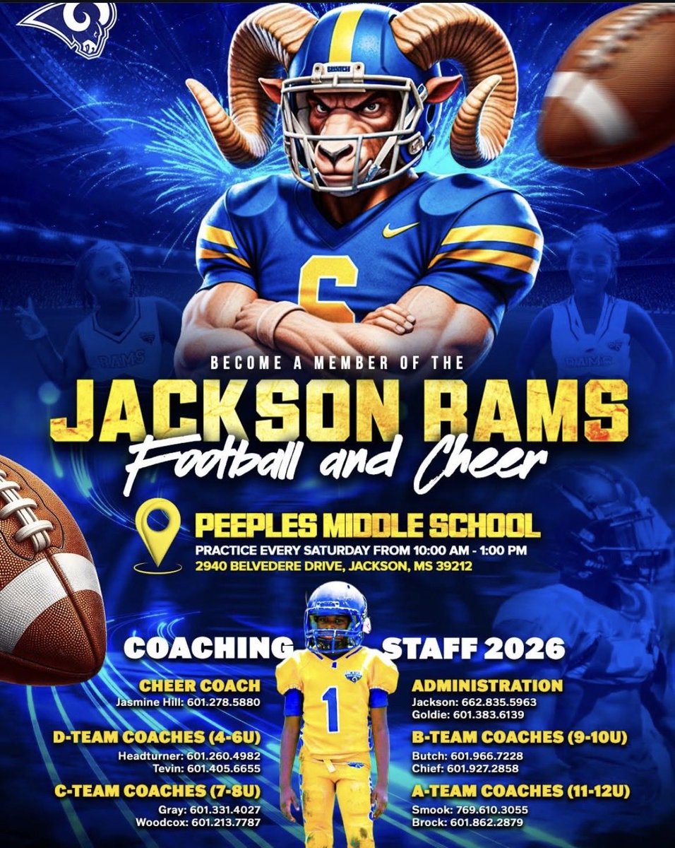 Come join the family !!! Any kids in the South Jackson area looking to play football come join us. #RamNation🐏💙💛