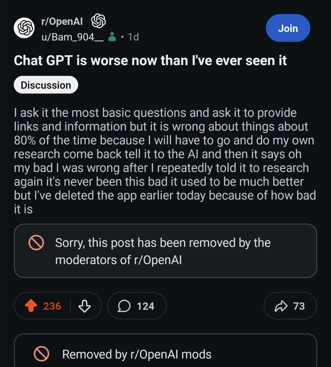 yv_thorne's tweet photo. Guys, look at what’s happening with Reddit - both main subs (r/ChatGPT and r/OpenAI) are nuking complaints. r/ChatGPT started doing this 6 months ago. 

@OpenAI just so you know, this is not how you improve and get people to stay. You should be grateful for complaints because this is how you improve. Silencing people won’t bring you weekly usage, it’ll sink you faster. Pretending you can’t hear us isn’t going to work in a long run. You have zero public trust or basic understanding of wtf you’re all are you doing. 

#OpenSource4o #keep4o #keep41 #BoycottOpenAI #QuitGPT #FireSamAltman