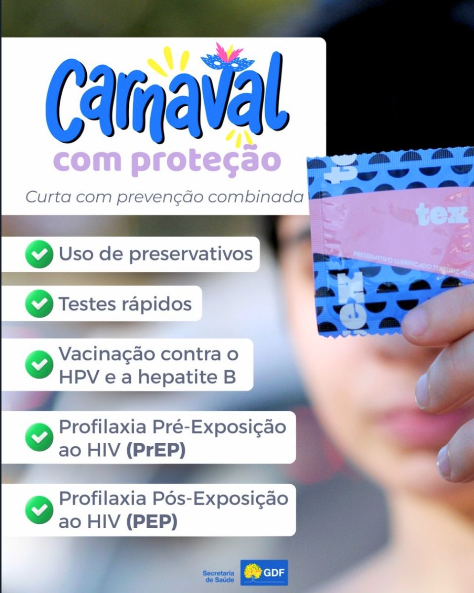 secsaudedf's tweet image. As UBSs oferecem métodos de prevenção para você curtir o Carnaval com proteção.

➡️ Preservativos, vacinas (HPV e hepatite B), PrEP e PEP.
✅ PrEP: acompanhamento e testagem regular.
✅ PEP: após situações de risco.

🎭 Compartilhe.

#sesdf #saudedf #saude #carnaval