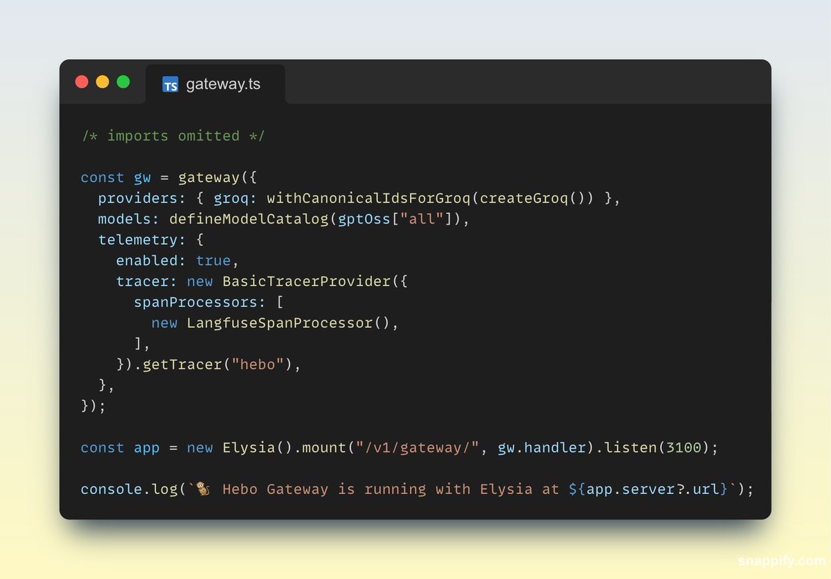hmw147's tweet photo. 🐒 Hebo AI Gateway 0.4 just dropped — Observability built-in.

Self-host your AI gateway.
Connect @langfuse / OTEL in minutes.
Get traces + metrics + logs for your LLM traffic.

🚀 From zero → observable agents in <5 min.

https://t.co/2mzKt4qiSc https://t.co/dTojLAchp4