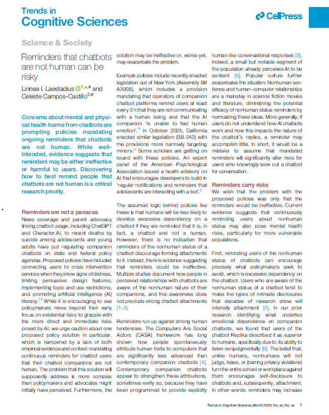 CellPressNews's tweet image. Reminding people they’re talking to #chatbots may be ineffective or even harmful if not done carefully, researchers say. spkl.io/6013AQ9Gx

Linnea I. Laestadius, Celeste Campos-Castillo
@TrendsCognSci