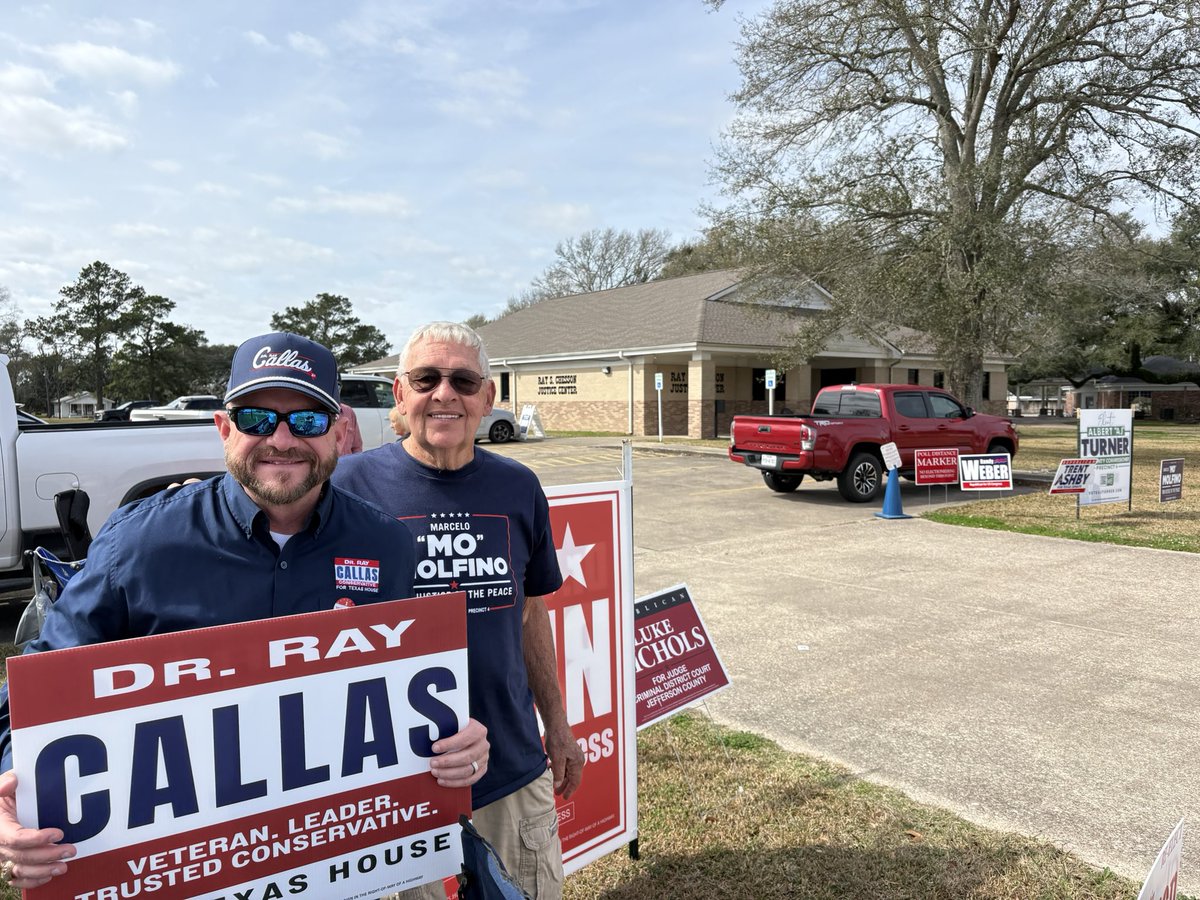 RayCallas4TX's tweet photo. Drove all over HD 21 today visiting with voters at the polls. The energy in Southeast Texas can’t be beaten. Thank you to everyone who made time to vote today. 

If you haven’t, there’s still time. Make a plan to vote before Early Voting ends on Feb. 27 and bring a friend! #txlege
