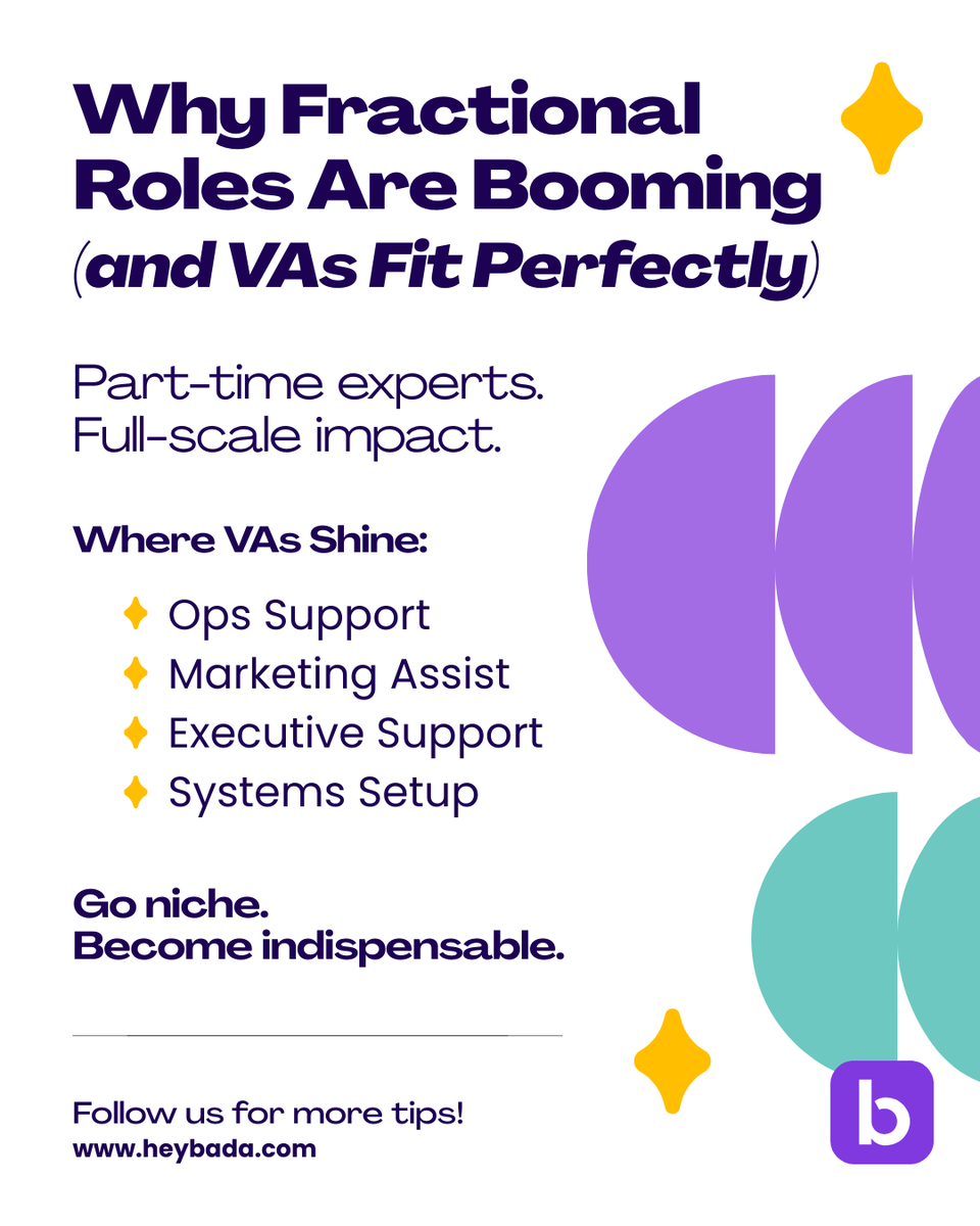 badatalent's tweet photo. Fractional roles are rising—big impact, part-time power. 📊 Top VAs win in ops, marketing, exec support &amp; systems. Go niche. Be indispensable.

🌐 Join our community: https://t.co/awfK3ERO7X

#badacommunity #futureofwork #remoteprofessionals #beawesomedoawesome https://t.co/9KWBNkBDVt