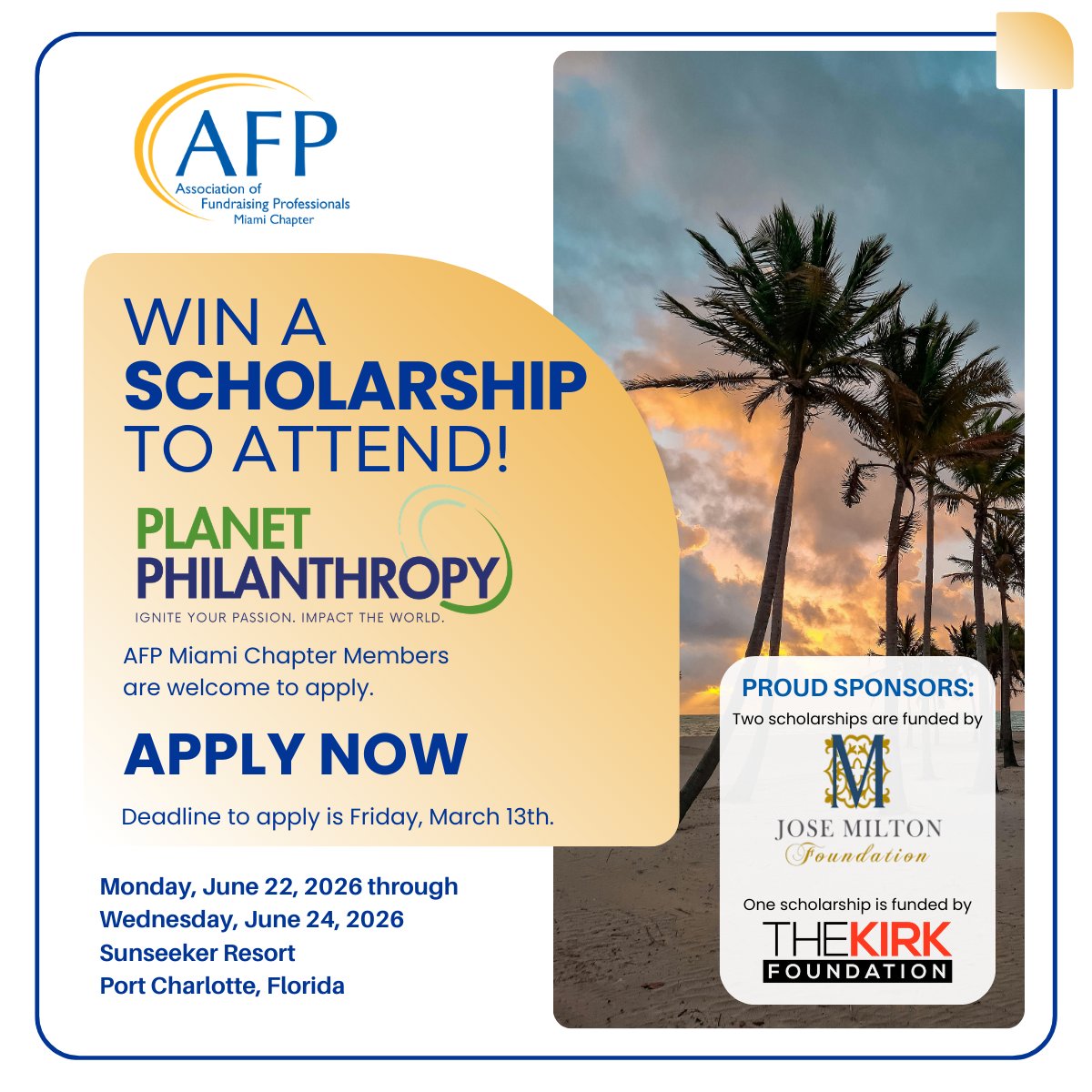 👉 BIG opportunity alert! ✨
We’re giving away scholarships to attend Planet Philanthropy 2026, thanks to our incredible sponsors at the Jose Milton Foundation and the Kirk Foundation!
form.jotform.com/260355026095151
Deadline: Friday, 3/13
#afpmiami #planetphilanthropy