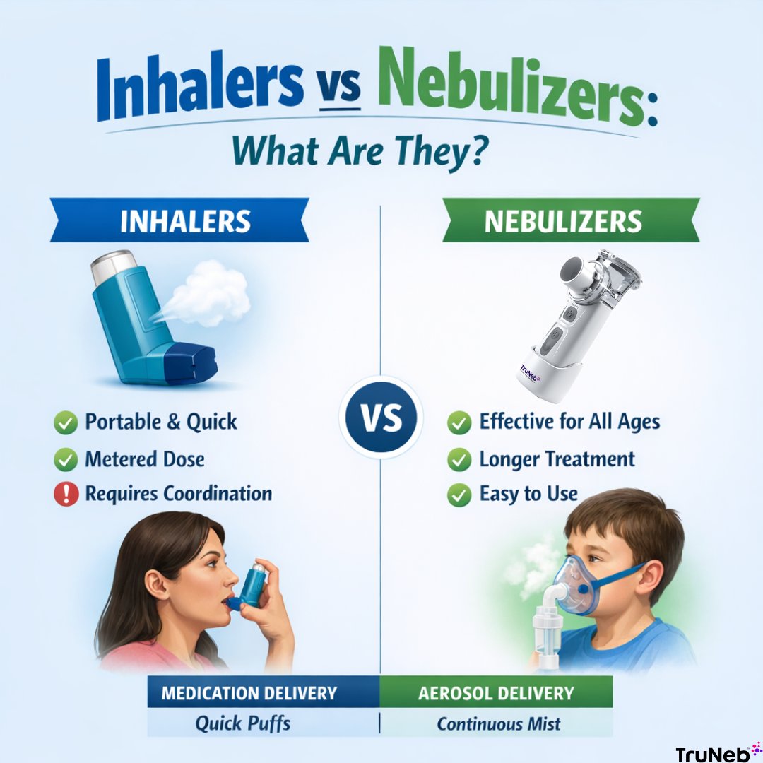 Inhaler vs nebulizer:

Inhaler = portable + fast (seconds), but timing/technique matters.
Nebulizer = medicine as a mist over 5–15 min; often easier for kids/older adults or during severe symptoms.
Full guide: blog.truneb.com/nebulizer-vs-i…

#Asthma #COPD #RespiratoryHealth