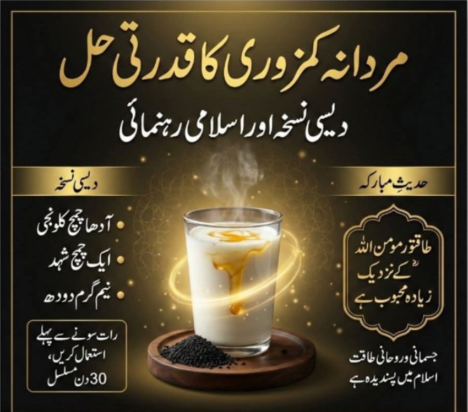 _Bur___'s tweet photo. 🌿 مردانہ کمزوری کا مؤثر دیسی نسخہ
شہد، کلونجی اور دودھ
اجزاء
آدھا چمچ کلونجی پسی ہوئی

ایک چمچ خالص شہد

ایک گلاس نیم گرم دودھ

طریقہ استعمال

کلونجی اور شہد ملا کر کھا لیں

اوپر سے نیم گرم دودھ پی لیں

روزانہ رات کو سونے سے پہلے استعمال کریں

فائدے

اعصاب مضبوط کرتا ہے

جسمانی توانائی بڑھاتا ہے

ازدواجی قوت بہتر کرتا ہے

کمزوری اور تھکن کم کرتا ہے

⏱ کم از کم 30 دن استعمال کریں۔

---

📜 مردانہ طاقت سے متعلق حدیث

نبی کریم ﷺ نے فرمایا:

“طاقتور مومن اللہ کے نزدیک کمزور مومن سے بہتر اور زیادہ محبوب ہے، اگرچہ دونوں میں خیر ہے۔”
(روایت: صحیح مسلم)

👉 اس حدیث سے معلوم ہوتا ہے کہ اسلام جسمانی، ذہنی اور روحانی طاقت کو پسند کرتا ہے، اس لیے صحت کا خیال رکھنا بھی عبادت کا حصہ ہے۔