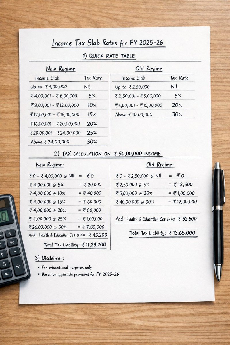 TaxationUpdates's tweet photo. Income Tax Slab Rates for FY 2025-26 and Tax Calculation for Income of Rs.50,00,000 

For Resident Individuals 

#IncomeTax
#TaxationUpdates https://t.co/3QYYaF6r0m