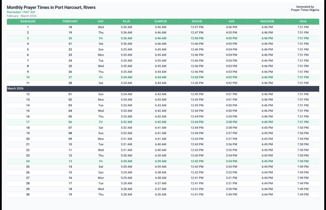 PORT HARCOURT Ramadan prayer time table.