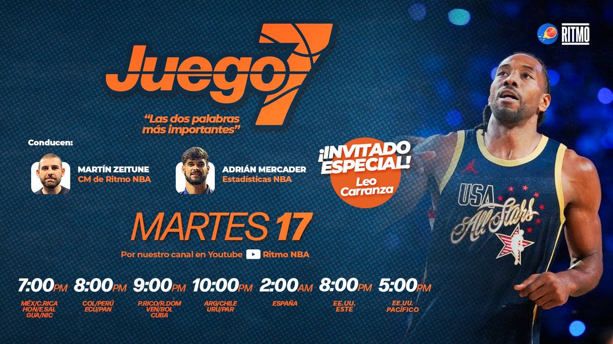 En unas horas, JUEGO7 con @MZeitune, <a href="/AdriMercaderNBA/">NBA - Adrián Mercader</a> y @LeoCarranza99.

Pauer ranquins y otras yerbas.

Manda tu pregunta, comentario y opiniones para incluir durante el streaming en vivo.

Suscríbete a YouTube.com/@ritmo-nba.