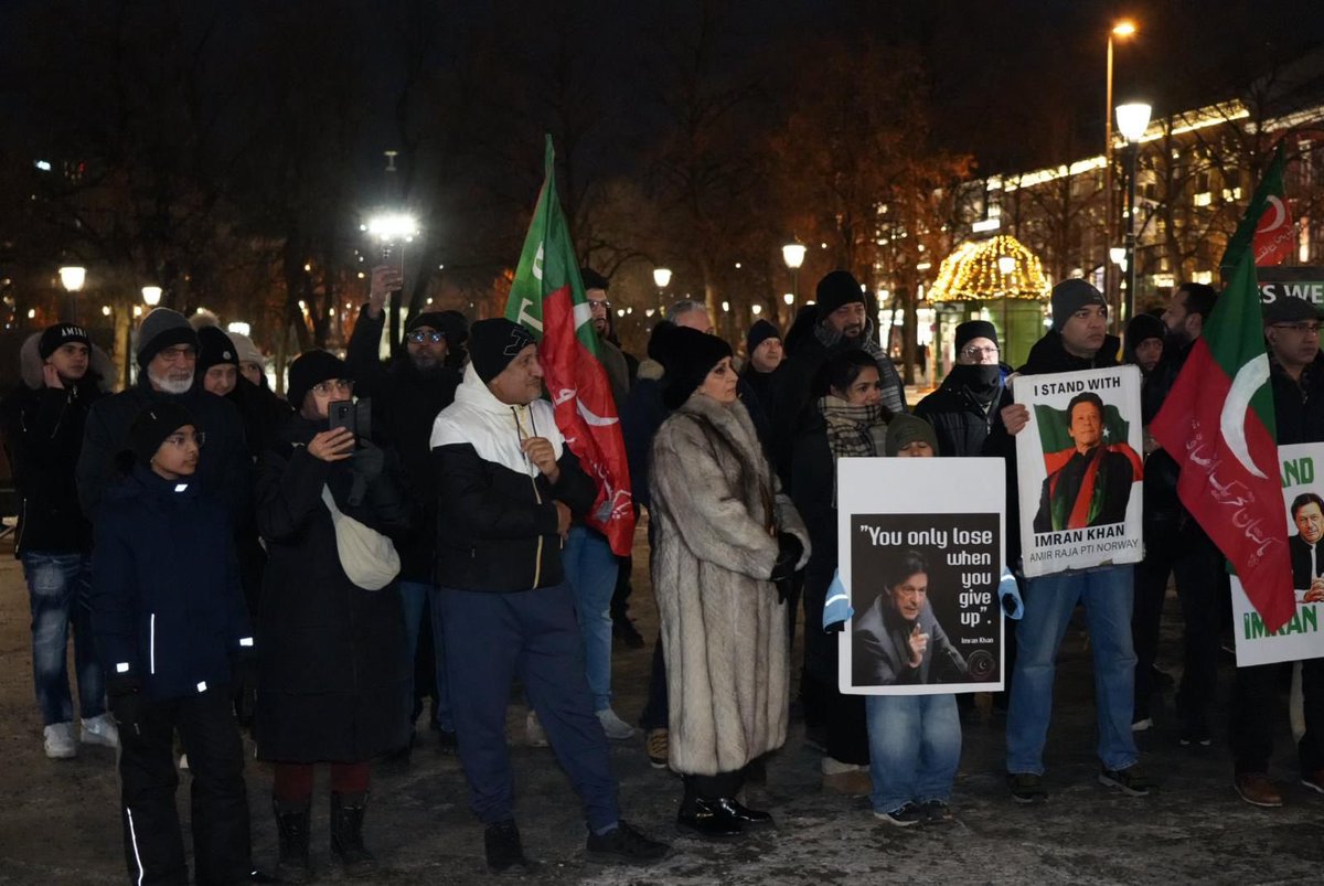 PTIEU_Official's tweet photo. PTI Norway staged a protest today outside the Norwegian Parliament (Stortinget) to urgently highlight the deteriorating health condition of Imran Khan and to demand his immediate release. Participants warned that prolonged solitary confinement and continued detention have reportedly caused serious damage to his eyesight, describing the situation as a grave human-rights concern. The demonstrators called for immediate access to leading medical specialists under the supervision of his personal physicians and family, and urged authorities to stop what they described as ongoing mistreatment without delay.

#ComeToStreetsForKhan
#مزاحمت_خان_کی_رہائی_تک