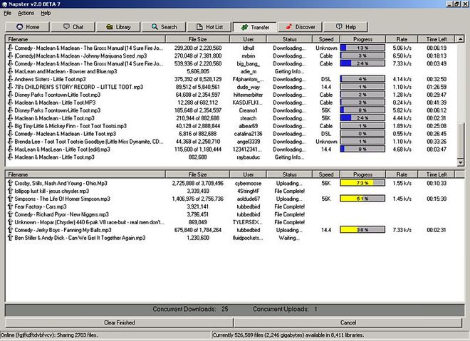 Anos 90/2000. 
Internet discada, linha ocupada e dias pra baixar 01 (uma) música no Napster. 
3 kb/s, 14h restantes e o medo de travar em 99%. 
Boa parte do meu acervo em mp3 nasceu na base da paciência. 
Quem viveu esta época até se emociona quando vê esta imagem.