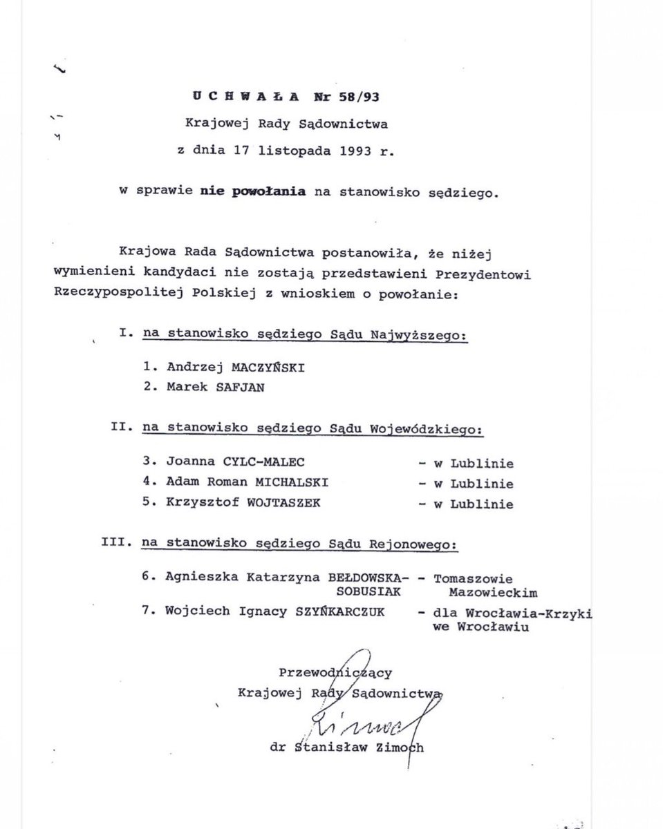 Z uwagi na „transparentność” konkursów do SN nigdy nie dowiemy się, dlaczego nie uzyskali „zaufania środowiska sędziowskiego” kandydaci do SN profesorowie Marek Safjan oraz Andrzej Mączyński (późniejsi prezes i wiceprezes TK w latach 1997/2001-2006).