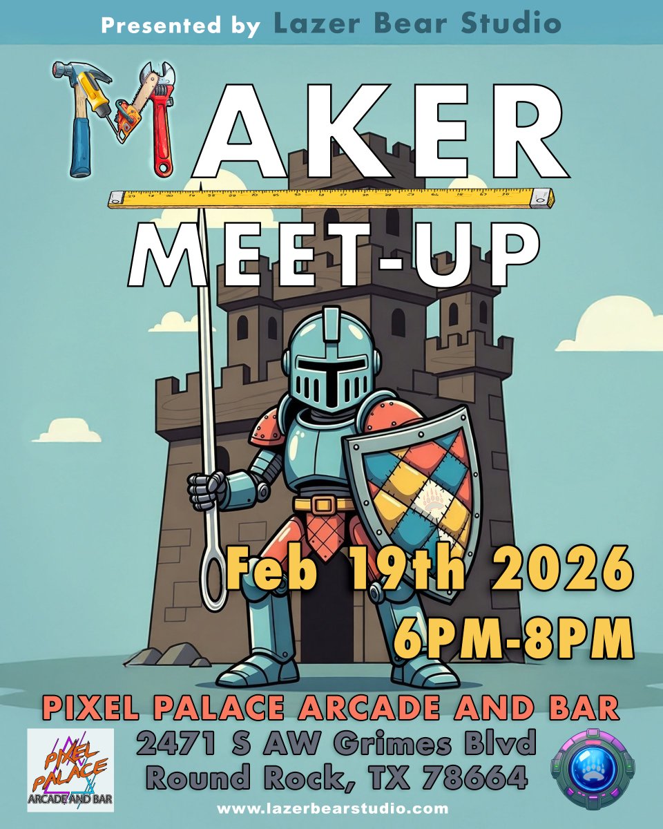 lazerbearvideo's tweet photo. ⚙️ The third Thursday of the month is this week which means it's time for Maker MeetUp @thepalacearcade hosted by @lazerbearvideo 

Come show off your projects, meet other builders and get inspired in the nostalgic retro arcade setting filled with pinball, arcade games, food, and drinks.  

FREE TO ATTEND!!  

https://t.co/tpZ2IqxaaS