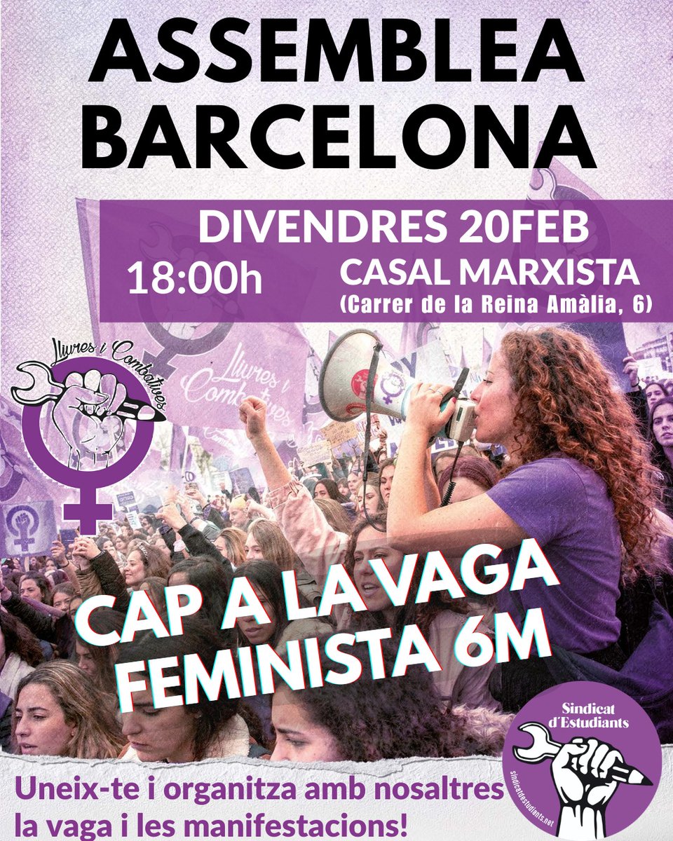 🟣 BARCELONA • ASSEMBLEA FEMINISTA 💢 

Vine i organitza amb nosaltres la vaga feminista 6M i les manifestacions!! El masclisme ens colpeja als nostres instituts i facultats, a la feina, a la família i als carrers. Ens assetgen, ens violen i ens maten! Ja n’hi ha prou! ✊️✊️