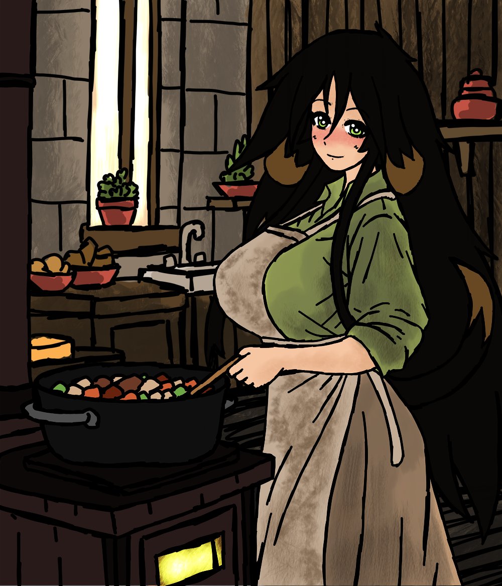 Well, since I've been drawing Arnor a lot lately, I figured I'd draw his mother, Adea. The good mother is cooking up a stew for her sons. Adea is a widowed mother of 4, 2 boys and 2 girls, with a 5th adopted son, so she's had her hands full as a mom.

I hope yall enjoy her