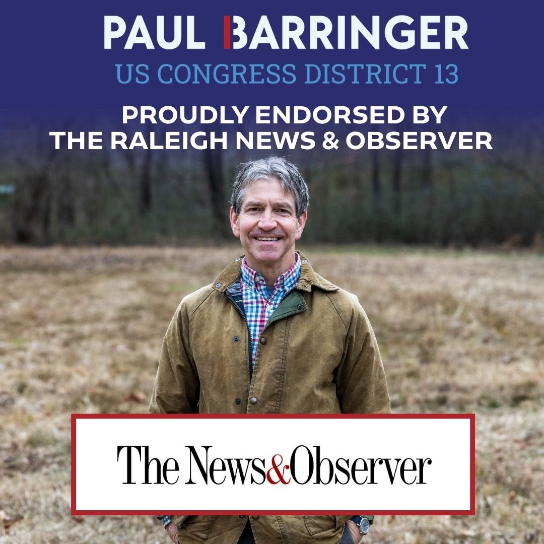 We are incredibly excited and proud to announce that the Raleigh News &amp; Observer has seen fit to endorse our campaign! 

Early voting for the primary goes until 2/28 with Primary Day on 3/3

#ncpol #paulbarringerfornc13