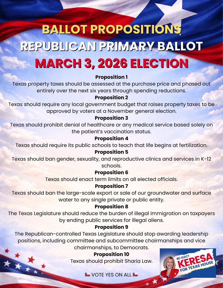 Texans,

Early voting started today. 

👉VOTE YES TO ALL 10 PROPOSITIONS! 👈

TEXANS MUST PROHIBIT SHARIA LAW!! 💯