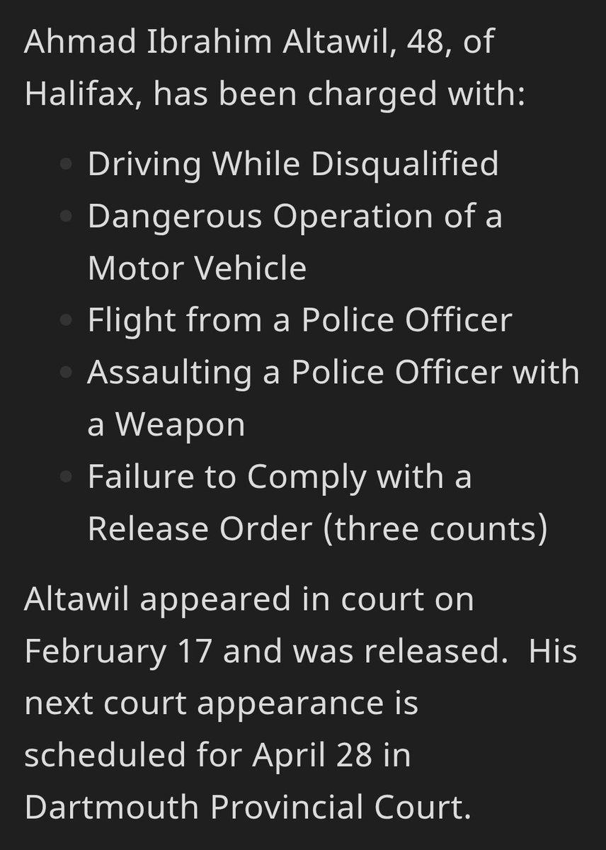 📍 Middle Sackville, Nova Scotia

Ahmad Ibrahim Altawil faces multiple charges after he fled from police and rammed a police vehicle.

Despite assaulting an officer with a weapon, failure to comply with a release order x3 &amp; more.

He was released from custody with a court date.