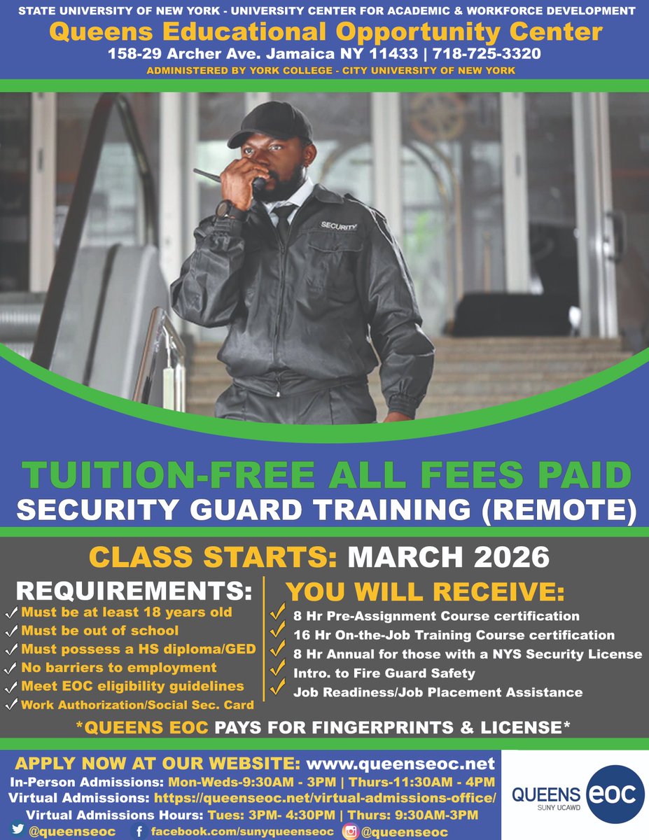 queenseoc's tweet photo. APPLY NOW for the next Security Guard Training program starting March 2026!

Apply now online at: https://t.co/9E5ku8XSP8 https://t.co/gxPHkuAs7m