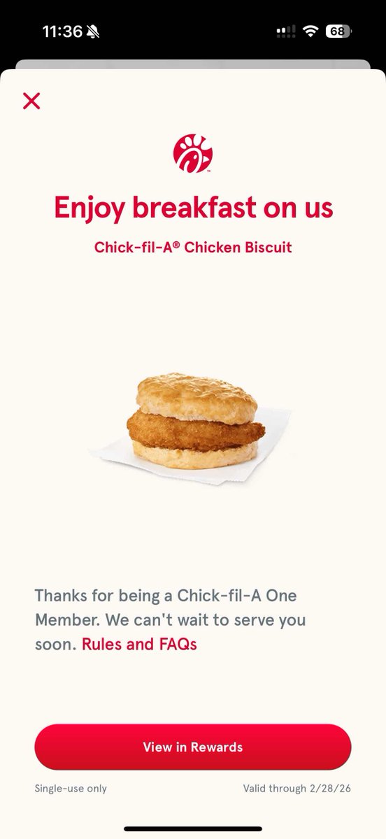 2eggwhite's tweet image. Chick-fil-A loading accounts with free biscuit sandwiches #LogIn #EggysDealDrops #CheapEats