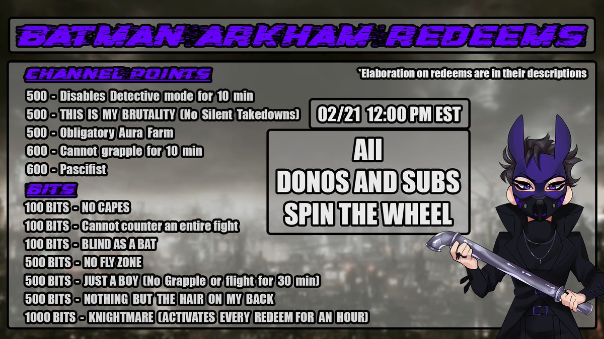 BLXCK_JXCK21's tweet photo. ℝ𝔼𝔻𝔼𝔼𝕄 𝔻ℝ𝕆ℙ:

Here are the redeems for my upcoming BATMAN ARKHAM STREAM MARATHON to celebrate 200 followers on Twitch. TS boutta be an absolute KNIGHTMARE!!!!

🟣https://t.co/wdbX6jKfwT🟣

Art by @kae_rhyme https://t.co/xFf039JDup