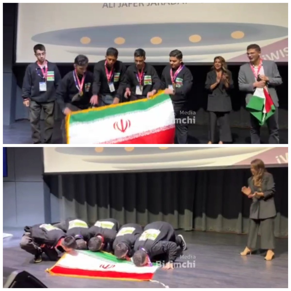 این سجده تیم رباتیک جمهوری اسلامی ایران 
پس از کسب مدال طلا بر پرچم ایران اسلامی بی‌شرف زارچی خبث‌ولد رو سکته نده خوبه:))) 
حقا که حلال‌زاده‌ هستین  
دَم غیرتتون گرم