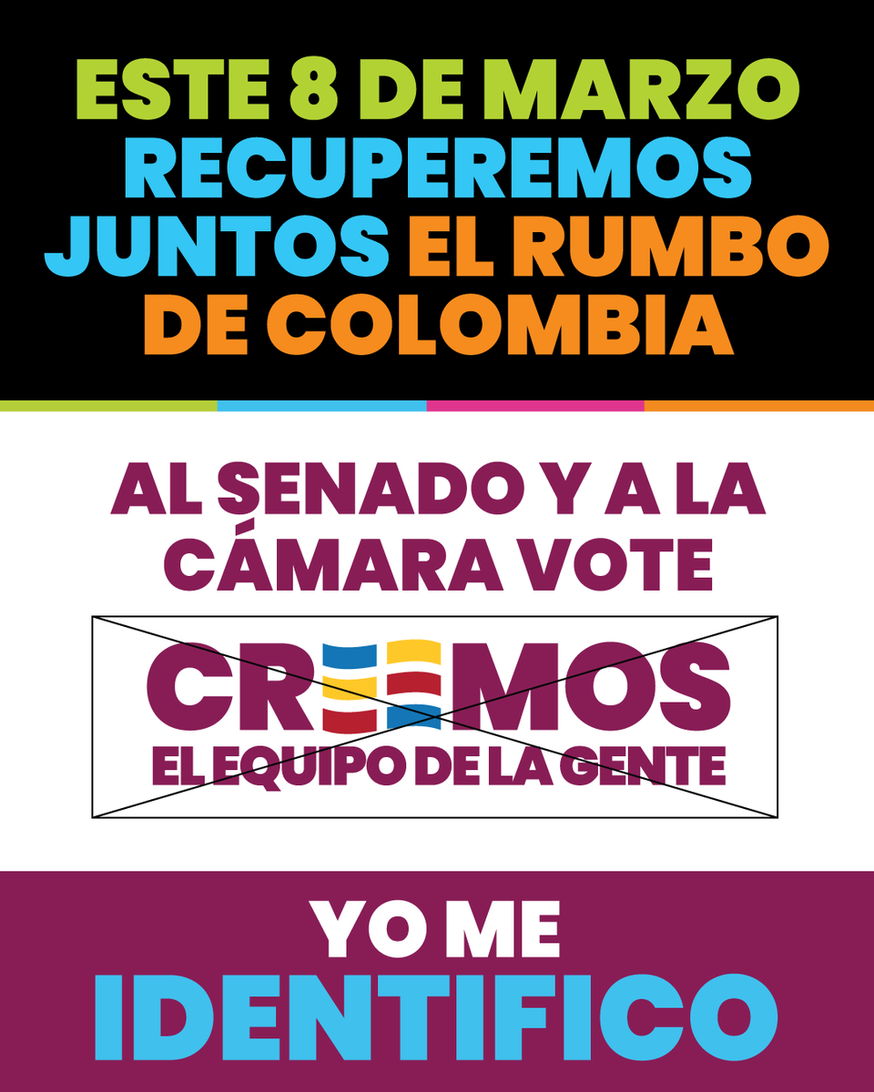 Este 8 de marzo es el momento de recuperar juntos el rumbo de Colombia. Es hora de decidir con claridad, con convicción y pensando en el futuro del país.

Al Senado y a la Cámara, vote Creemos.
Yo me identifico con el equipo de la gente. 🇨🇴🗳️