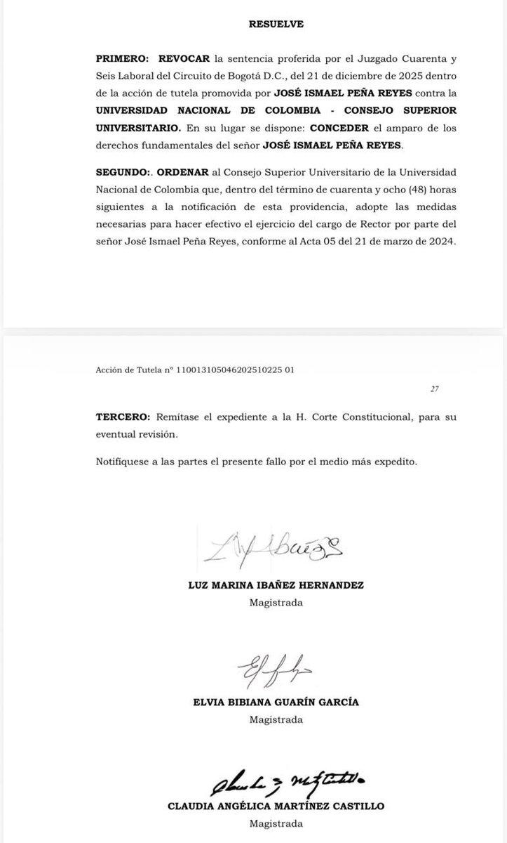 BluRadioCo's tweet photo. #EnDesarrollo El Tribunal Superior de Bogotá ordenó al Consejo Superior Universitario de la Universidad Nacional de Colombia permitir que José Ismael Peña Reyes asuma como rector para el período 2024-2027, posesión que debe cumplirse en un plazo de 48 horas. El Tribunal determinó que a Reyes sí se le vulneró su derecho a ejercer el cargo para el que fue elegido.