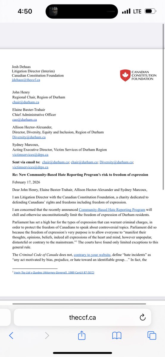 JoshDehaas's tweet photo. Today, I wrote to officials in Durham Region warning them that their new Community-Based Hate reporting tool violates the Charter right to freedom of expression.

https://t.co/XEdoKy9L0j https://t.co/4pXvVMh1st