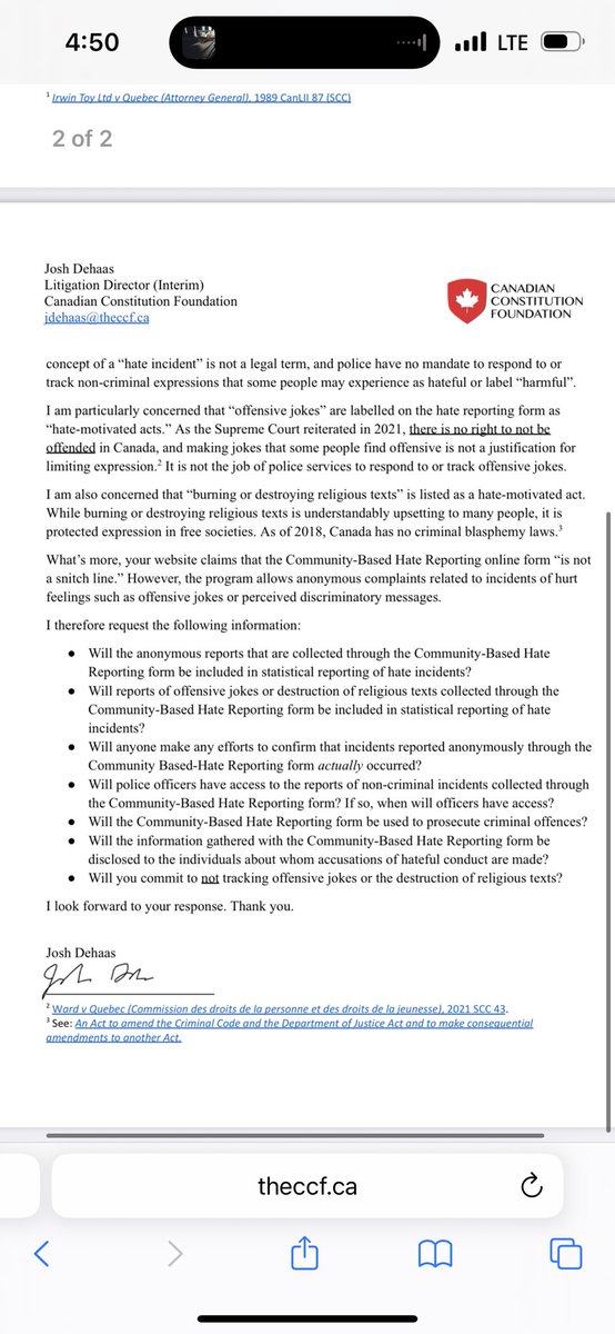 JoshDehaas's tweet photo. Today, I wrote to officials in Durham Region warning them that their new Community-Based Hate reporting tool violates the Charter right to freedom of expression.

https://t.co/XEdoKy9L0j https://t.co/4pXvVMh1st