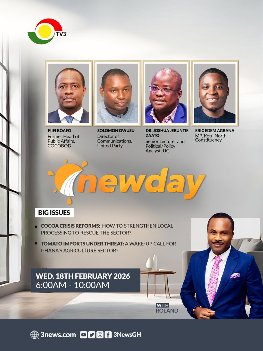 tv3_ghana's tweet image. Tomorrow on #NewDay, we discuss the path forward for Cocoa reforms and the threat to tomato imports with an expert-led panel.

Don't miss the conversation. #TV3GH