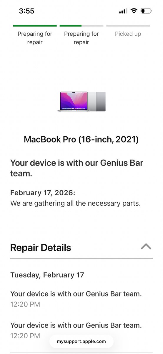drewcrawford's tweet photo. So forget about Liquid Glass 
a sec and just look at this “design” that’s not a shipping product

Three different progress bars, two of which are called “preparing for repair”. But different % complete?

Two identical “updates” with same timestamp and msg?

Apple has changed. https://t.co/M9QgdPu6mR