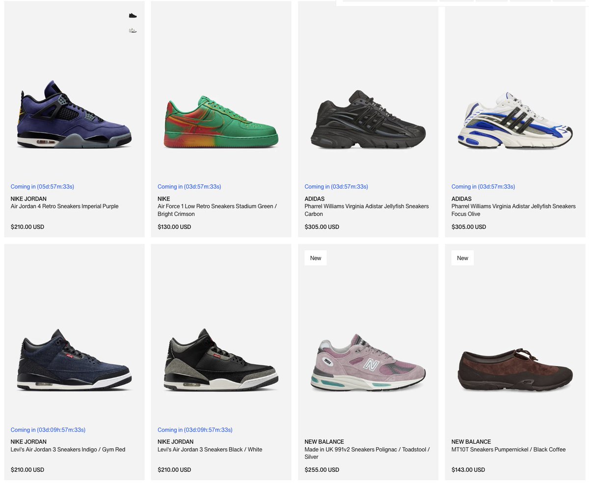 AD: Few upcoming drops via Slam Jam

- 2/22 Jordan Retro 4 'Lakers' bit.ly/4rZZP8s

- 2/21 Levi's x Jordan Retro 3
Indigo/Gym Red bit.ly/4qNye9n
Black/White bit.ly/4qKjwQx

- 2/20 
Nike Air Force 1 Low Retro 'Stadium Green/Bright Crimson'