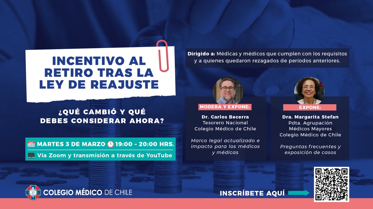 #COLMED invita a sus colegiadas y colegiados a participar en el webinar “Incentivo al Retiro tras la Ley de Reajuste”, una instancia clave para conocer, de manera clara y actualizada, cómo quedó la normativa y cuáles son las decisiones que hoy debes evaluar.

📅 Martes 3 de marzo