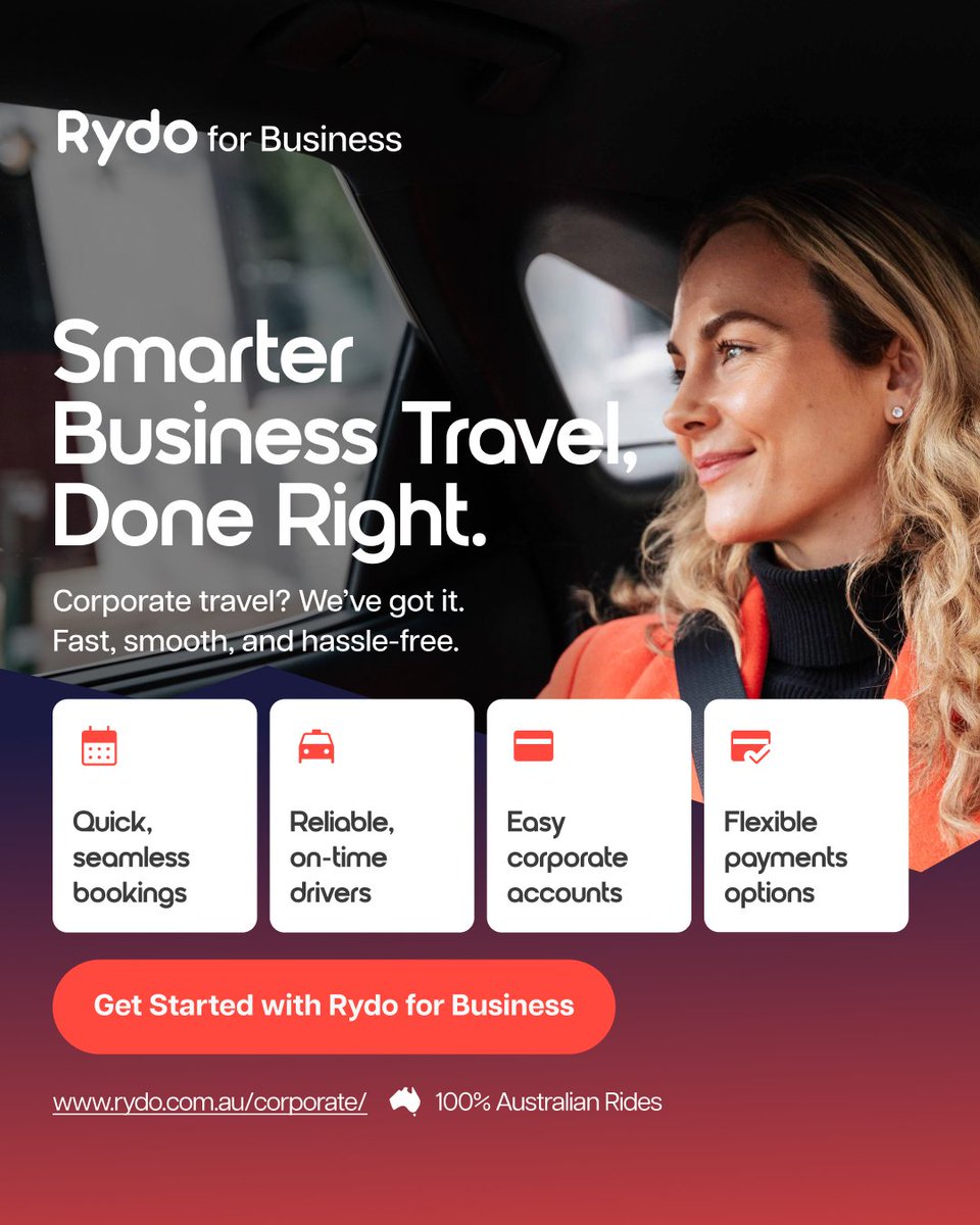 RydoApp's tweet photo. Whether you're managing a local team or traveling across Australia, Rydo's platform provides an end-to-end solution that takes the complexity out of booking and managing rides. Experience the peace of mind that comes with reliable service and professional drivers every time. https://t.co/IO70Cfoams