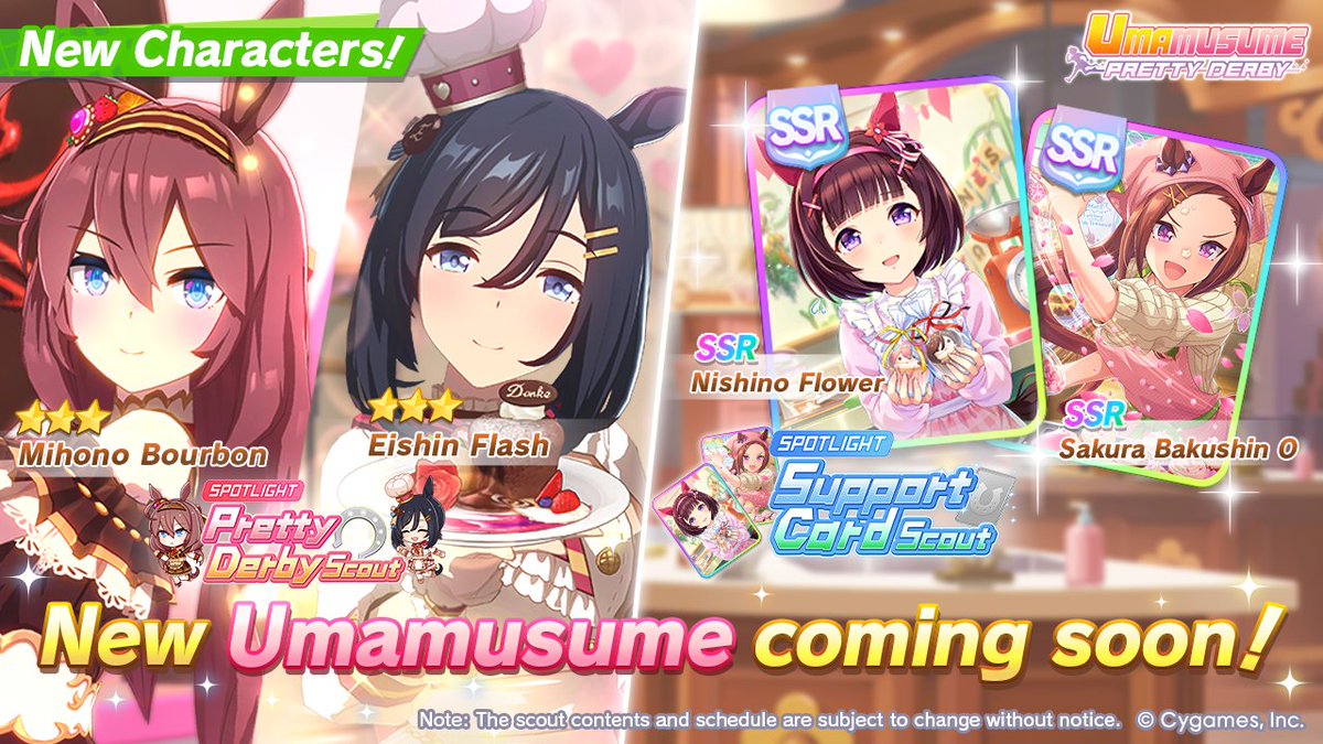 umamusume_eng's tweet image. 📢 New characters are on their way to debut on Feb 18 (UTC):

🥕 3★ Mihono Bourbon and 3★ Eishin Flash will appear in the Pretty Derby Scout!
🤝 SSR Nishino Flower and SSR Sakura Bakushin O will also appear in the Support Card Scout!

#Umamusume