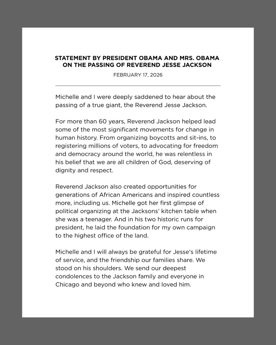 Former President Barack Obama and his wife shares on the passing of Rev. Jesse Jackson. Story: kwtx.com/2026/02/17/civ…