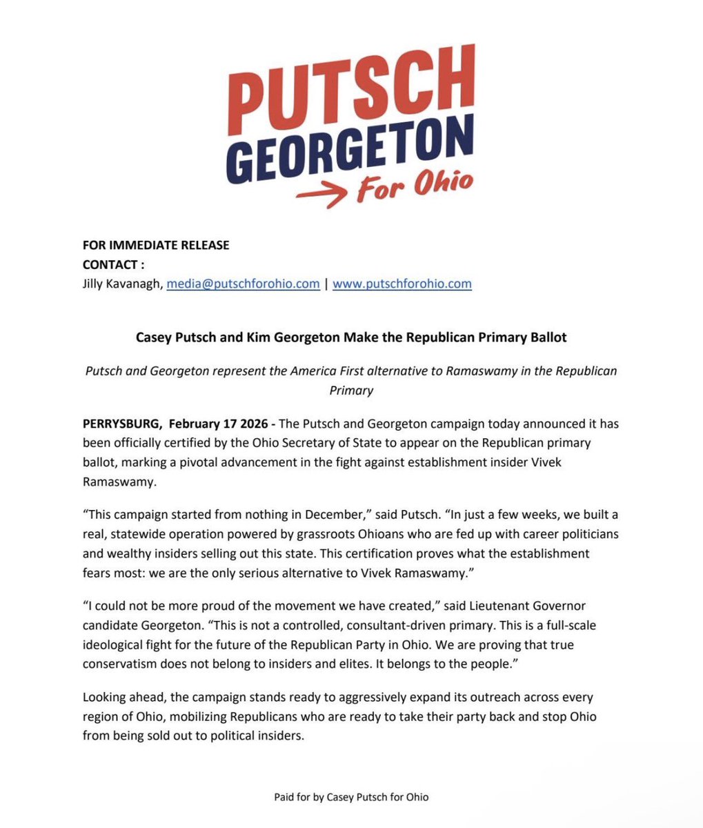 🚨BREAKING: Casey Putsch has officially made the primary ballot in Ohio.

Vivek has BIG PROBLEMS down the pike and I wouldn’t want to be advocating for H-1B’s or AI data centers in Ohio.

FULL INVESTIGATION INTO LES WEXNER *GUARANTEED* WITH PUTSCH.

It’s going down in OHIO!