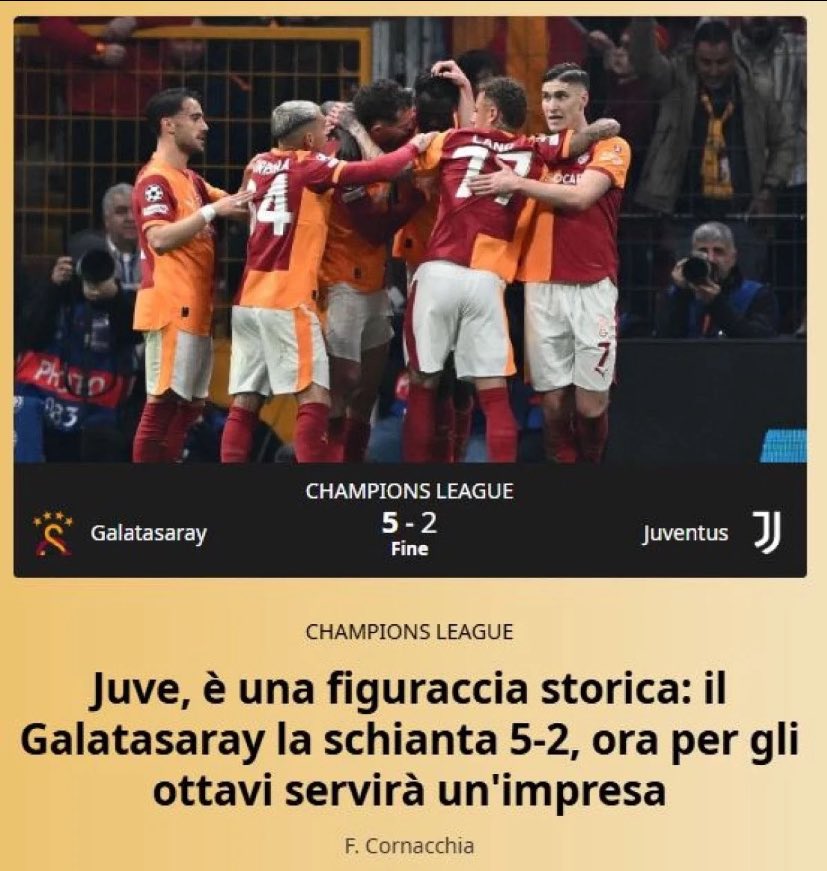 Temsilcimiz Galatasaray'ın Juventus'u 5-2 yendiği maçın ardından İtalyan basını:

La Gazzetta dello Sport: "Galatasaray, Juventus'u 5-2'lik skorla ezdi. Şimdi son 16 turuna çıkmak için büyük bir başarıya ihtiyaçları var."

Tuttosport: "Kalecisiz oynuyoruz, Di Gregorio tamamen