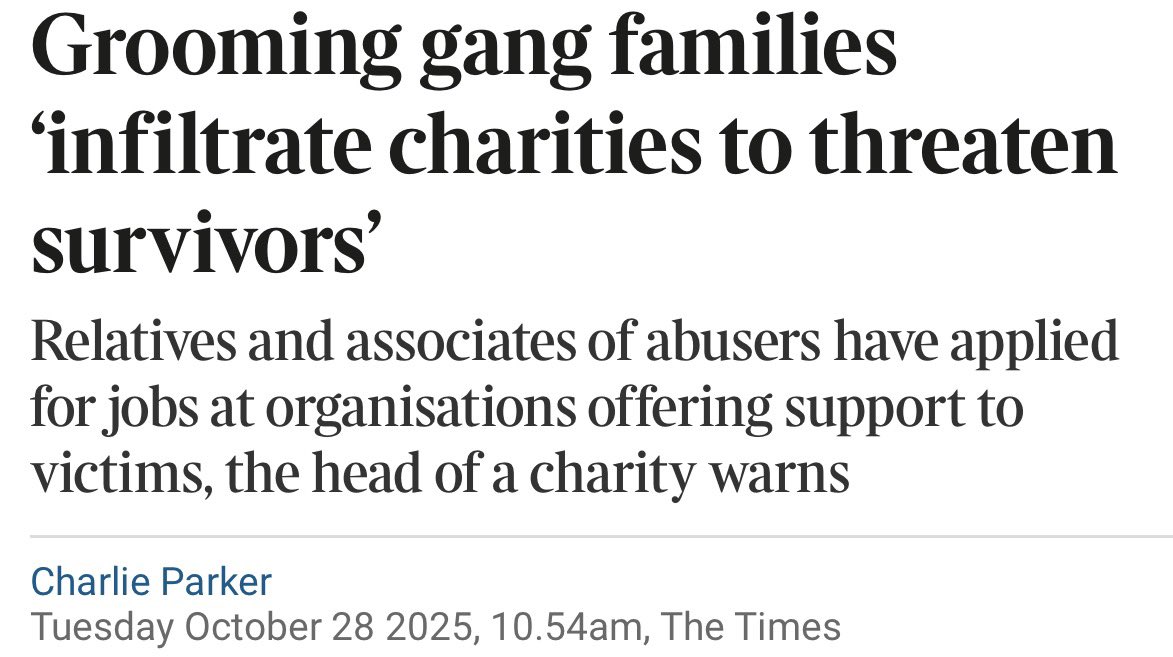 The families of Muslim rape gangs have infiltrated the charity sector to threaten survivors.

This isn’t just going on within charities. It’s in the NHS, schools, care homes, police, councils, judiciary, etc.

It’s why only natives should be able to work in the public sector.