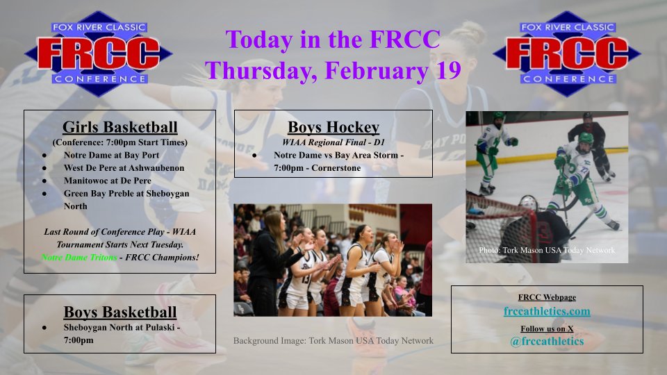 🗓️Today in the FRCC: Thursday, Feb 19🗓️

🏒Boys: Regional Final - Notre Dame vs Bay Area Storm
🏀Girls: Final round of FRCC play.
🏆🏀Girls: Notre Dame FRCC Champs