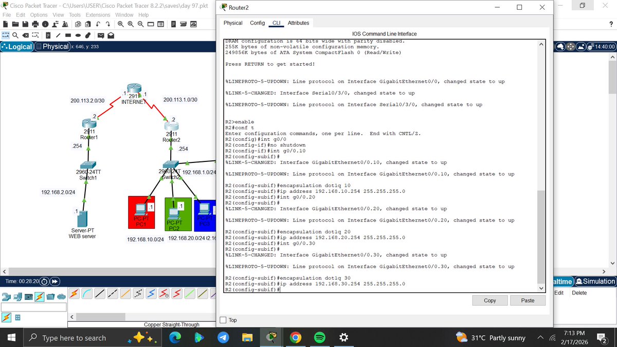 amyy_nwa's tweet photo. Day98/100 #100DaysOfNetworking
Todays objective was to create segmentations using VLANs
I deployed Inter-VLAN routing, ensuring that each department has its own unique gateway while sharing the same physical uplink. @ireteeh @TemitopeSobulo @segoslavia https://t.co/q35sxkMID3