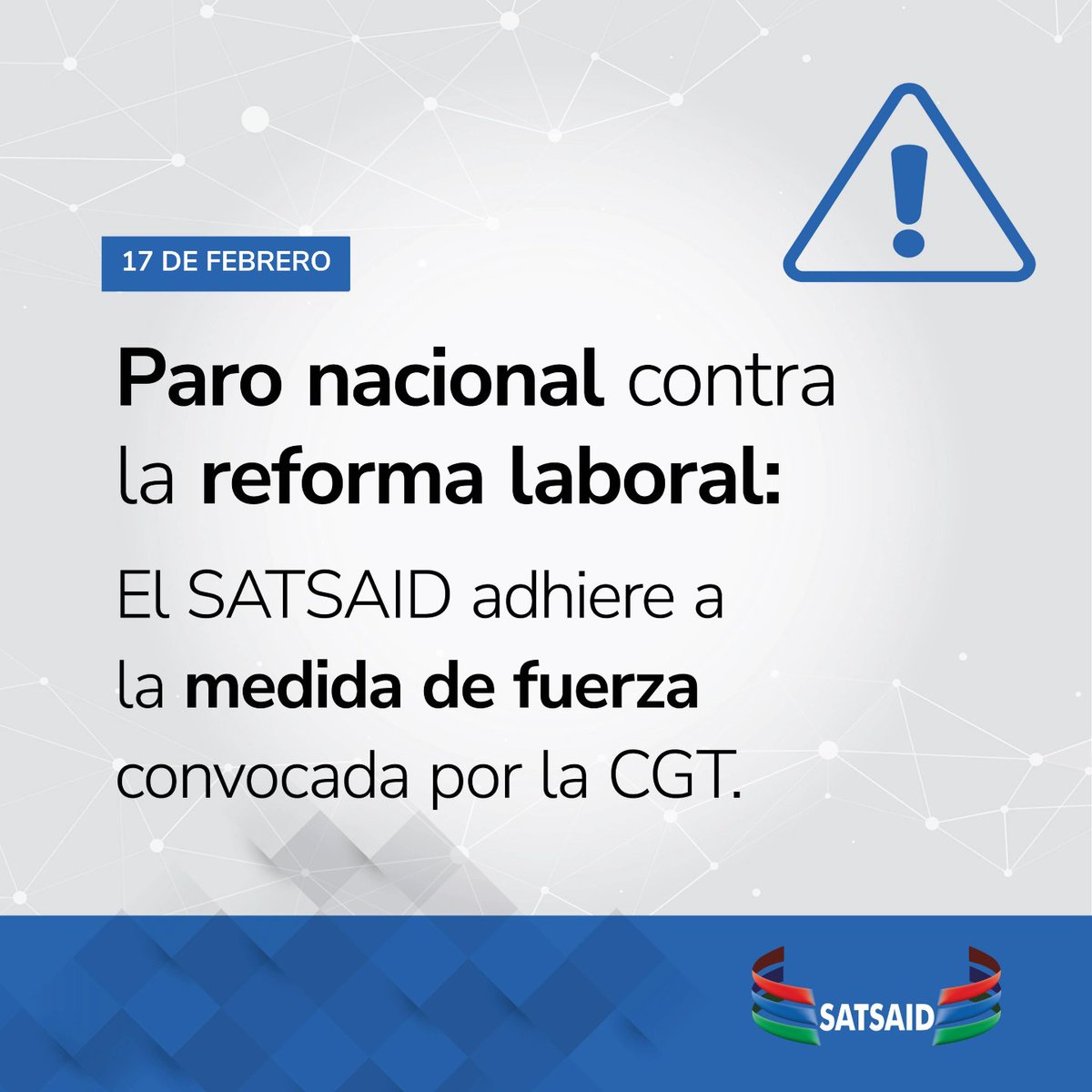 🇬🇲📢 PARO NACIONAL CONTRA LA REFORMA LABORAL

✊ El SATSAID adhiere a la medida de fuerza convocada por la <a href="/cgtoficialok/">CGT</a>.

Todos los detalles 👇
f.mtr.cool/iaozcqojky

#NoALaReformaLaboral