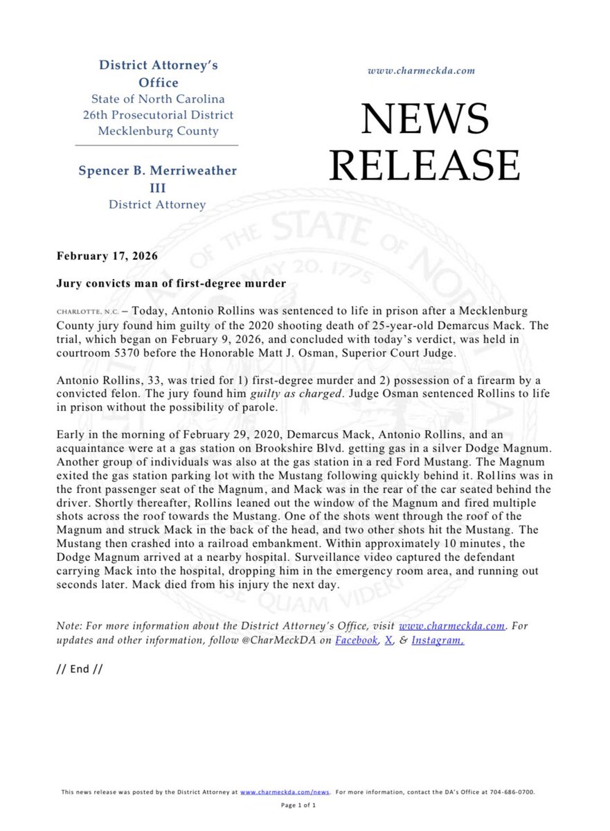 CharMeckDA's tweet photo. Today, Antonio Rollins was sentenced to life in prison without the possibility of parole after a Mecklenburg County jury found him guilty of the February 2020 murder of 25-year-old Demarcus Mack. The DA’s Homicide Team prosecuted the case. https://t.co/iUCRSHxUeL