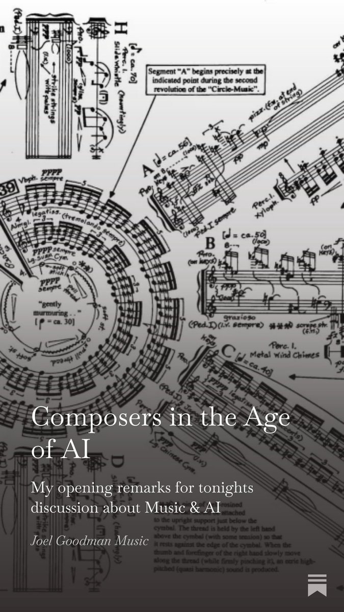 jgoodmanmusic's tweet photo. Looking forward to moderating tonight’s panel for @The_SCL members as composers in the age of #AI. I shared a preview of my opening remarks on Substack for anyone who wants a preview of the themes we’ll be exploring. It’s going to be a thoughtful one. Hope to see you there. 🎶 https://t.co/8CClBlFjcR