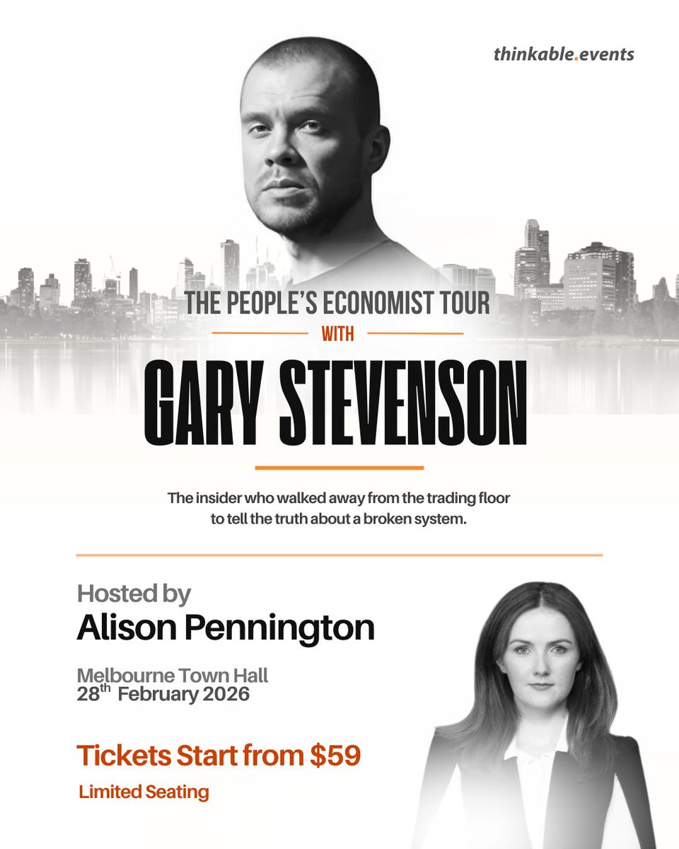 🎤 Melbourne, get ready for an explosive conversation with <a href="/garyseconomics/">Gary Stevenson</a> at the Melbourne Town Hall!

We're proud to announce that the evening will be hosted by the powerhouse economist and author, <a href="/ak_pennington/">Alison Pennington</a>. 

Tickets : thinkable.events