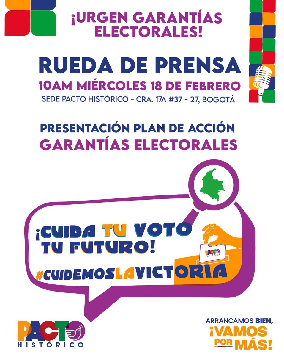 📣 RUEDA DE PRENSA Movimiento Pacto Histórico 🇨🇴

Se presentará al país las preocupaciones que tenemos frente a los riesgos electorales y el plan de acción de cara a la Conformación de una REGISTRADURIA POPULAR, que garantizará el cuidado de los votos.

Mañana miercoles 18 de feb