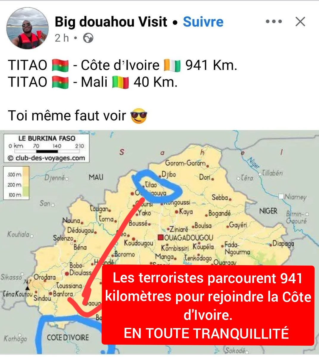 SanogoMSL's tweet photo. @Kassim87561591 Ouais, il faut le faire !
Les terroristes ont traversé le Burkina Faso en toute tranquillité, après leur forfait pour rejoindre la Côte d'Ivoire à plus de 900 kilomètres sans être inquiété.
Les autorités burkinabè sont plus prompts à aller à la RTB que sur le terrain militaire. https://t.co/3HrCQjywal